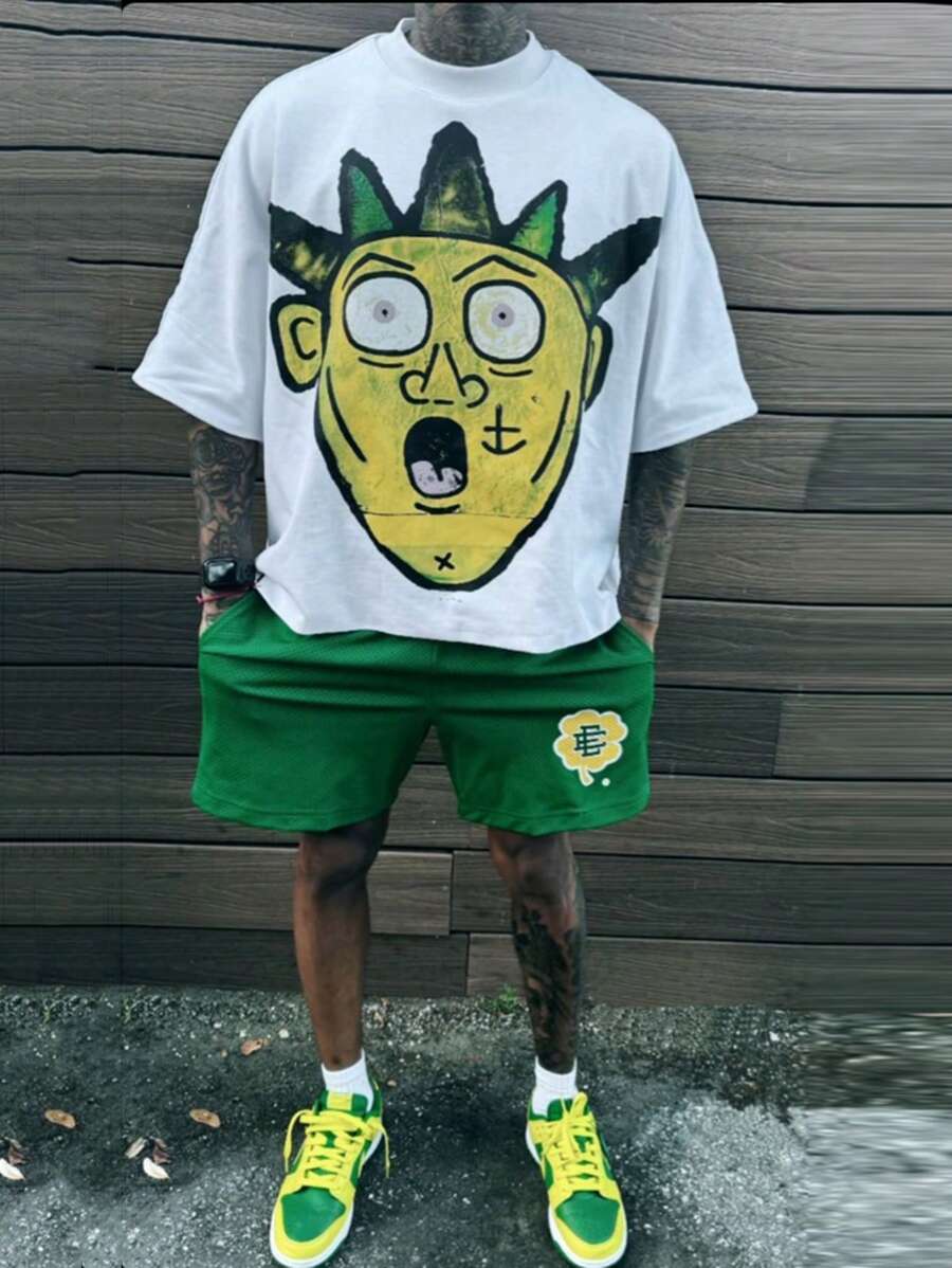 SHEIN Manfinity Dauomo Men's Cartoon Print Round Neck Short Sleeve Casual T-Shirt & Shorts Set - Green - View 1