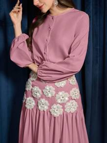 Modelyn 2 件套女士单排扣灯笼袖衬衫和花朵装饰 A 字裙套装 - 中紫紅色 - 查看 4