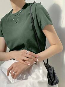 Dazy-Less 纯色圆领短款T恤，复古富贵风格，夏季商务休闲女装，复活节 - 綠色 - 查看 2
