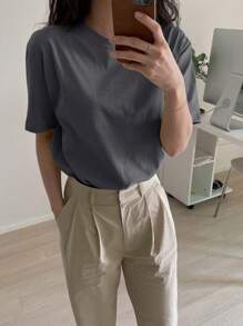 DAZY 纯色落肩T恤夏季商务休闲女式学院风上衣 - 灰色 - 查看 3