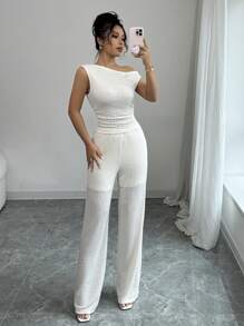 Elenzga Set de 2 piezas de top y pantalones casuales de mujer de unicolor y cuello asimétrico