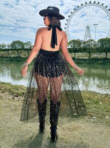 Flirla [Festival, Boho, Hippie, Cowgirl Outfit, Old Money] Sexy Fashion Women's Black Foil Print Mesh Halter Tie-Up Jumpsuit Maxi Dress With Slit