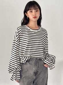 FRIFUL 女士宽松条纹喇叭袖T恤长袖女式上衣 - 黑與白 - 查看 4