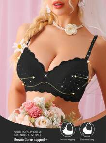 1pc Women's Lace Patchwork Underwire Bra - Black - View 3