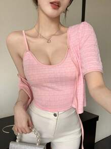 DAZY Conjunto de 2 piezas con top corto con nudo delantero y top tipo camisola para mujeres, primavera/verano