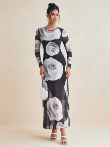HANNA ALEKSANDRA Designer Black & White Rose Printed Mesh Elegant Dress, Concert Outfit, Wedding Prom Dress, Rave - Black and White - View 1
