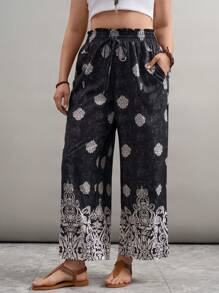 SHEIN LUNE Pantalones anchos con bolsillos y cintura con nudo con estampado floral para mujer de talla grande, conjunto para vacaciones