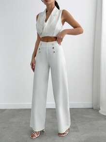SHEIN PANTALON ÉVASÉ À TAILLE HAUTE AVEC BOUTONS DORÉS ET PLIS