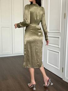 DAZY Plain V-Neck Puff Sleeve Pleated Slit Midi Dress For Women Prom Dress,Formal Women Dresses,Fall Dress Long Sleeve Dress Sexy Dress Elegant Women Dresses