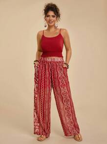 Travachic Set da spiaggia, composto da: top corto in stile vintage con stampa floreale geometrica e pantaloni larghi con tasche, per donne taglie forti, adatto per vacanza e uso casual