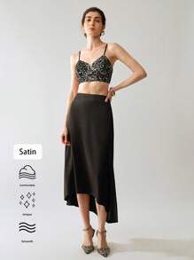 SHEIN LUNE 时尚女式高低侧拉链修身优雅半身裙 - 黑色 - 查看 9