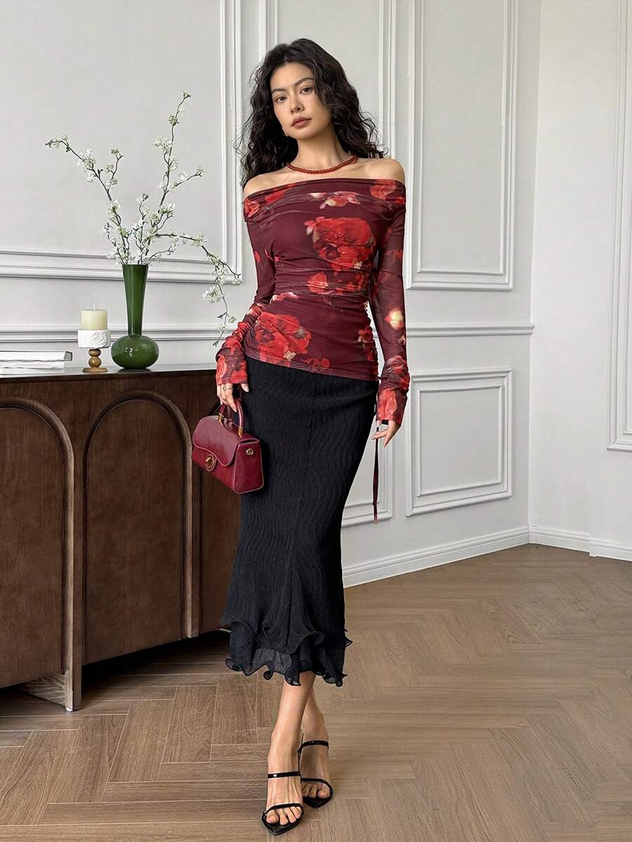 EastFlair Women's Floral Print Ruffle Off-Shoulder Long Sleeve Blouse, Fashionable For Vacation - Red and Black - View 1