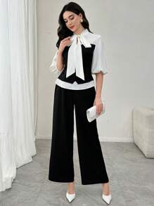 Modelyn 2 件女装套装：灯笼袖系腰上衣 + 休闲长裤，春夏 - 彩色 - 查看 8