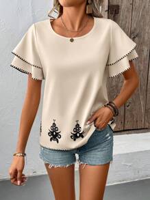 Chiquease Camisa casual, suelta, de cuello redondo, con estampado digital y mangas cortas