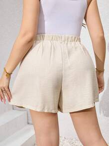 SHEIN LUNE Plus Size Women Solid Color Pleated Loose Casual Versatile Shorts - Apricot - View 2