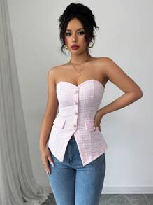 Selianne Women's Textured Pink Strapless Cropped Top With Pearl Button Details, Summer - Pink - View 6