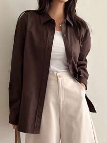 DAZY Camisa oversize con botones y hombros caídos, manga larga, ropa de otoño - Marrón Chocolate - Ver 5