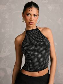 SHEIN BAE Women's Rhinestone Crop Halter Neck Top