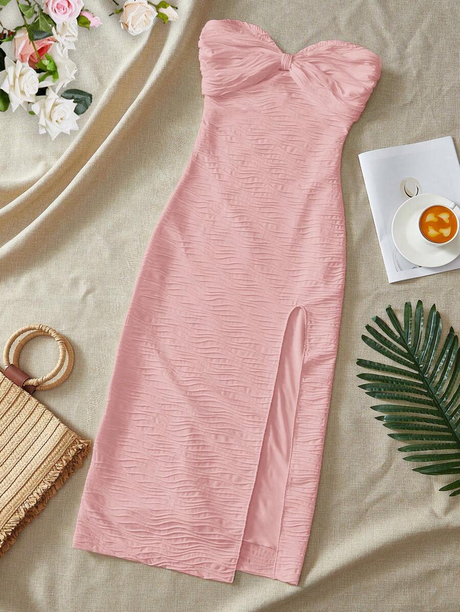 SHEIN VCAY 女士纯色针织修身开衩下摆吊带连衣裙，休闲 - 粉色 - 查看 1