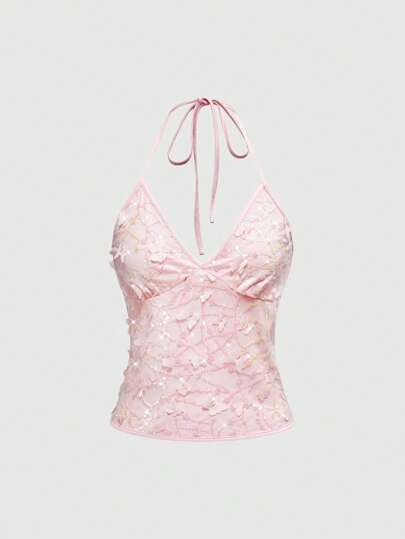 Kawaii Top de tirantes con cuello halter, bordado con encaje y mariposas 3D de estilo vintage jardín de mujeres