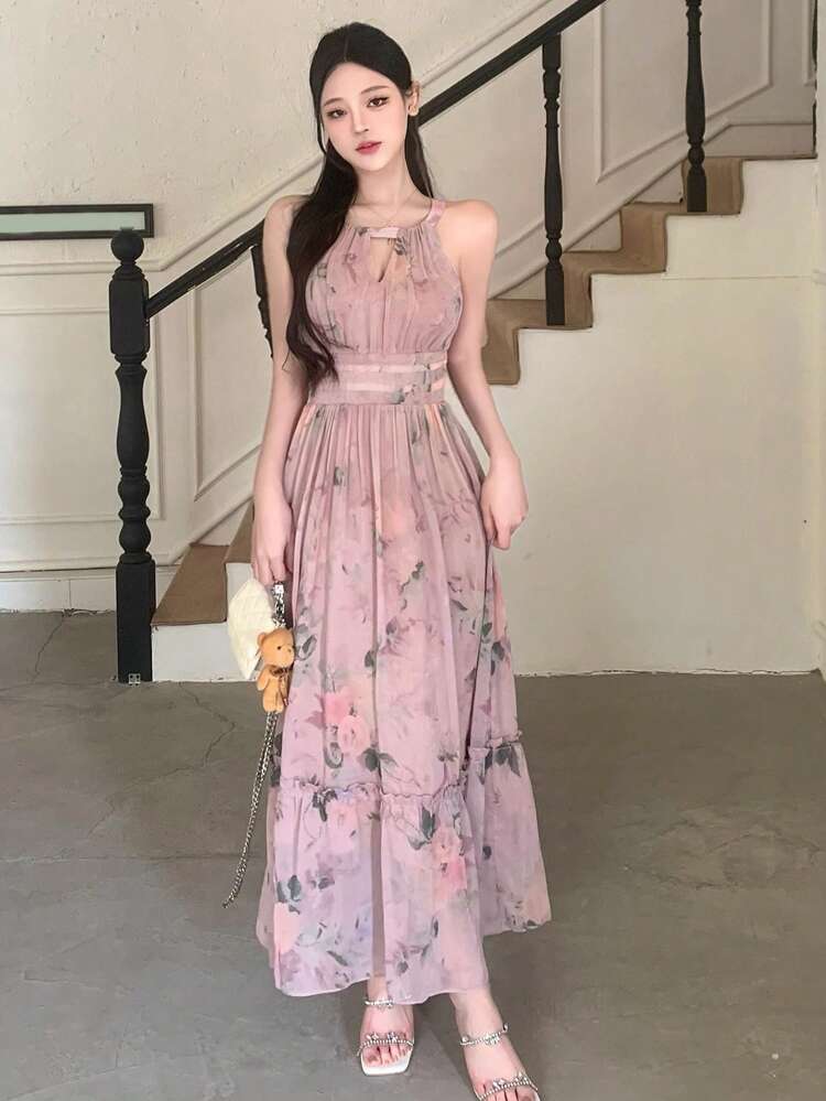Women's Chiffon Floral Print Halter Neck Dress Summer Sundress Valentine's Day Easter