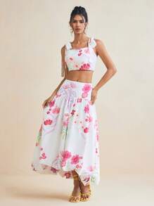 Miriam Omar Designer Women Floral Printed Crop Top With High Waist A-Line Skirt Set Elegant Romantic Spring And Summer Two-Piece Vacation Outfit, Spring Break, Ibiza Fits - Multicolor - View 2