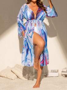 Swim Lushoire Plus Size Women's Printed Marble Pattern Long Sleeve Long Dress, Beach Cover-Up Essential For Summer - Blue - View 1