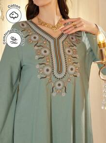 Al Najma 女式拼布腰带 V 领喇叭袖阿拉伯风格长裙 - 綠色 - 查看 1