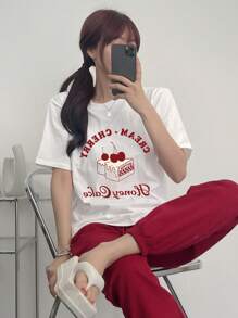DAZY Women Summer Letter Cherry Printed Round Neck Short Sleeve Casual T-Shirt CREAMCHERRY Honey Cake Cute Tops,Graphic Tees