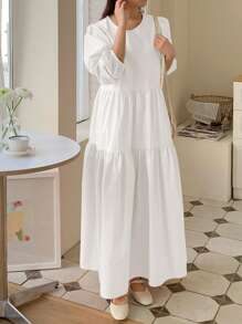 DAZY Women Loose Solid Simple Lantern Sleeve Dress,Ruffle,Fall Dress Long Sleeve Dress - White - View 4