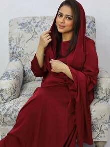 Graceveil Vestido de abaya árabe modesto con cuello de capucha y falda - Burdeos - Ver 10