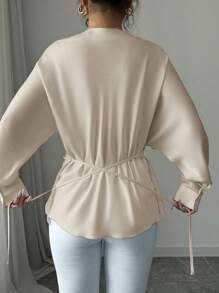 Elenzga 女士交叉腰带纯色长袖宽松棉质衬衫，秋冬 - 杏色 - 查看 3