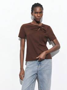 Maija 棕色扭纹领口宽松T恤，适合音乐节、海滩度假、休闲、浪漫、都市度假，适合郊游、聚会、婚礼、毕业季 - 摩卡棕 - 查看 6