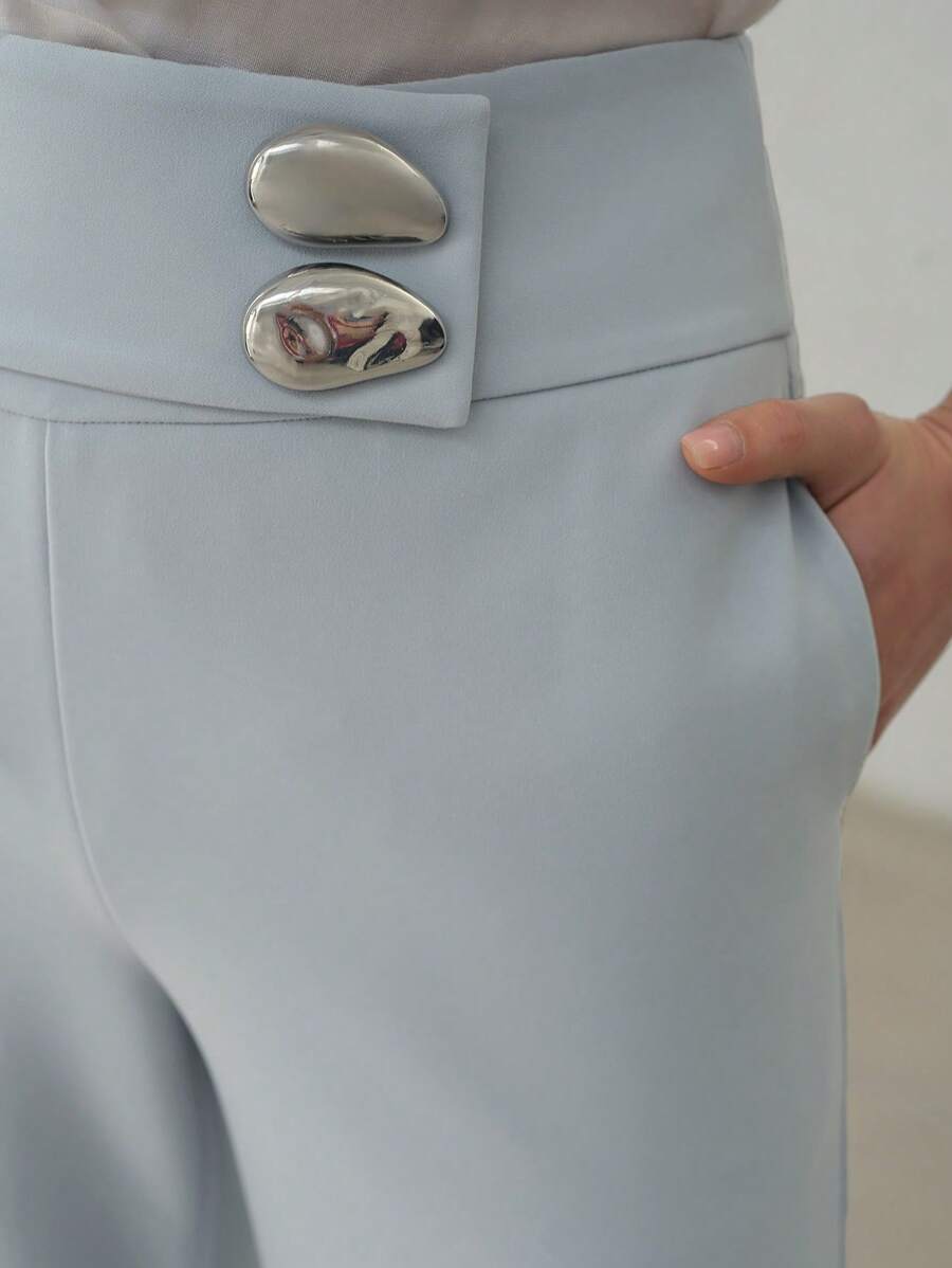 SHEIN x PRISCILA & JIMENA MOTF PREMIUM METAL STRAIGHT LEG SUIT PANTS - Dusty Blue - View 2