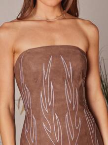 WESTFADE Faux Distressed Leather Western Embroidered Back Lace Up Bow Tie Back Strapless Mini Festival Dress Fall, Autumn, Winter, Western Wear For Women, Country Concert Outfit - Brown - View 6