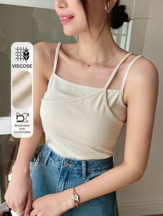 FRIFUL Asymmetrical Neckline Bodycon All-Match Cami Top With Knitted Ribbing