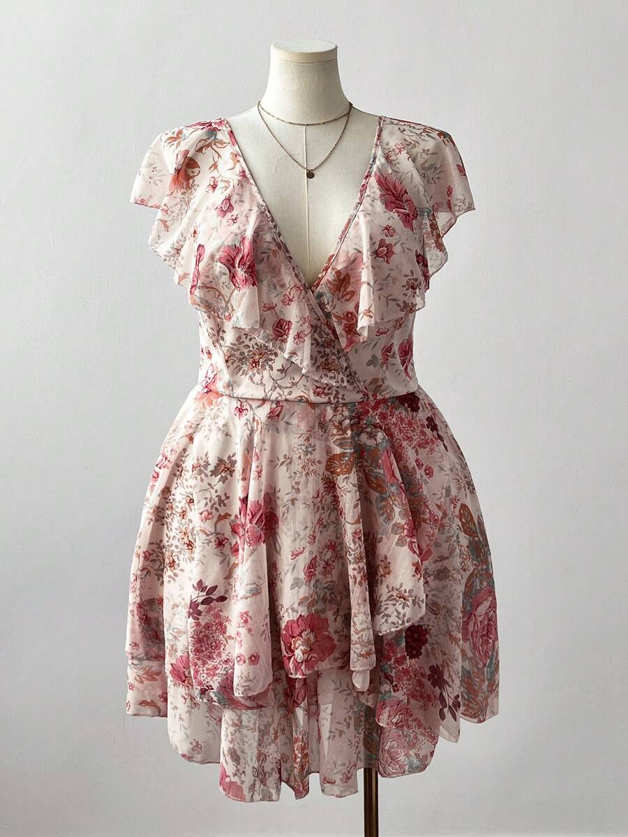 Sweetra Romantic Floral Print V-Neck Cap Sleeve Ruffle Hem Cinched Waist Midi Dress Vacation - Multicolor - View 1