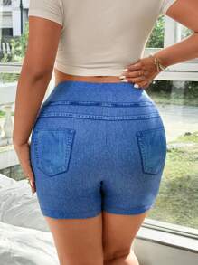 Flirla Pantalones cortos tipo legging de talla grande con efecto estampado de denim para mujer