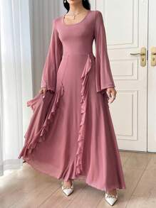 Modelyn Women's Long Ruffled Bell Sleeve Elastic Elegant Romantic Mesh Dress