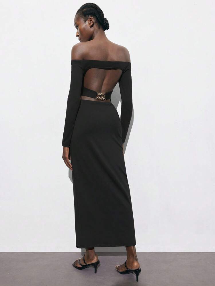 SHEIN Maija New Spring And Summer Black Backless Sexy Metal Decoration Urban Vacation Modern Elegant Romantic Ladies Mid-Length Dress Suitable For Going Out Holiday Party Music Festival Old Money Style