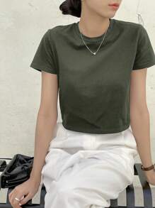 Dazy-Less 纯色圆领短款T恤，复古风夏季商务休闲女士工作服 - 軍綠色 - 查看 5