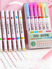6支波浪和曲线设计日记记号笔，适用于日记和绘画，笔，学校用品，文具，可爱笔，学校荧光笔，荧光笔，美术用品，学校荧光笔，颜色，女士返校办公用品 - 彩色 - 查看 3
