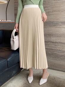 DAZY Color Block Pleated A-Line Skirt For Women - Apricot - View 5