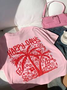 Comfortcana Plus Size Summer Pink Vacation Coconut Tree Print T-Shirt - Pink - View 3