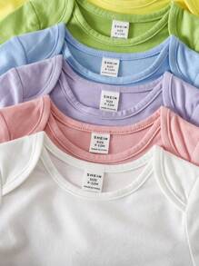 SHEIN 7pcs/Set Newborn Baby Girls' Cute Solid Color Knit Short Sleeve Bodysuit, Summer - Orange - View 6