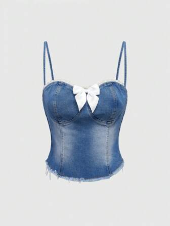 Kawaii Blouse en denim près du corps pour femmes avec décor de nœud