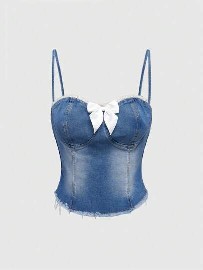 Kawaii Blusa vaquera ajustada de mujer con decoración de lazo