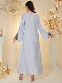 Al Najma Arabic Style Dress With Round Neck, Sequins Decor, Floral Pattern, Bell Sleeve And Flared Hem, Arabian Dresses,Modest - Blue - View 2