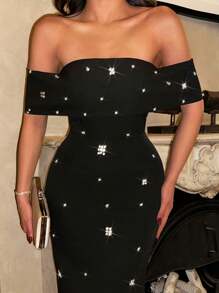 EURMUSE Rhinestone Designed Off Shoulder, Madonna Shoulder Long Elegant Dress - Black - View 4