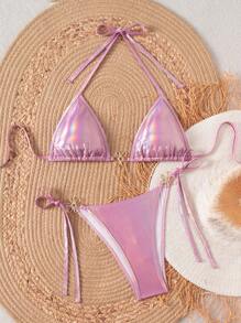 SHEIN Swim 女式夏季节日波西米亚风吊带系带上衣和侧系带可调节性感下装比基尼套装，粉色，适合夏季海滩度假 - 粉色 - 查看 5